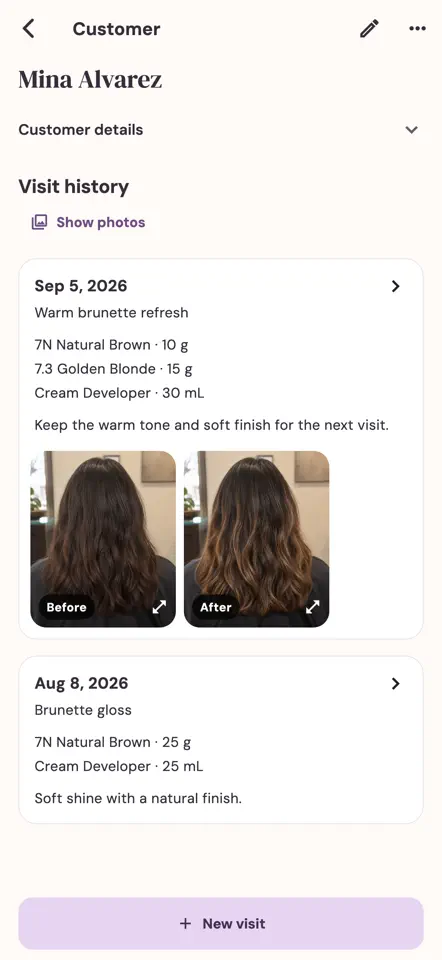ColorLedger client photo history with before-and-after results