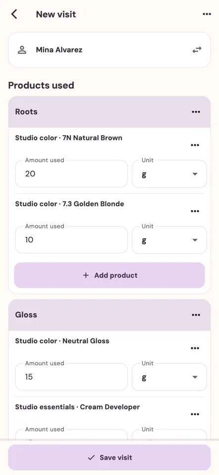ColorLedger visit editor with products and quantities organized into Roots and Gloss bowls