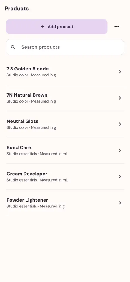ColorLedger inventory showing product stock, restock actions and a shopping list