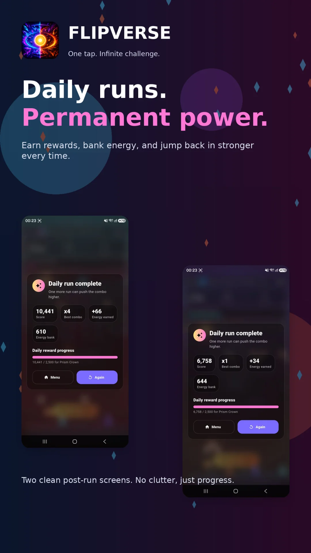 Flipverse screenshot: Daily runs. Permanent power.