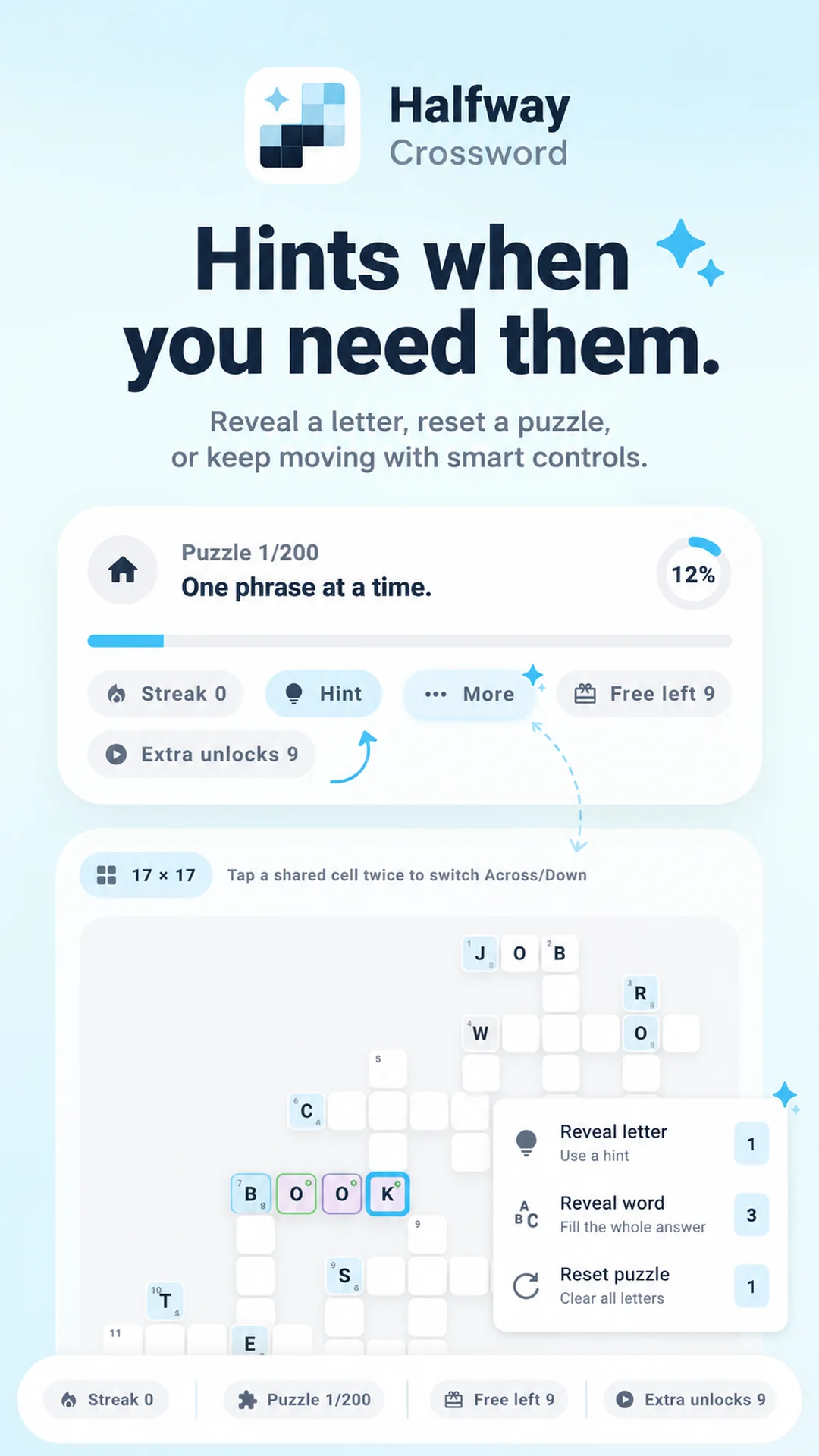 Halfway Crossword screenshot: Hints when you need them