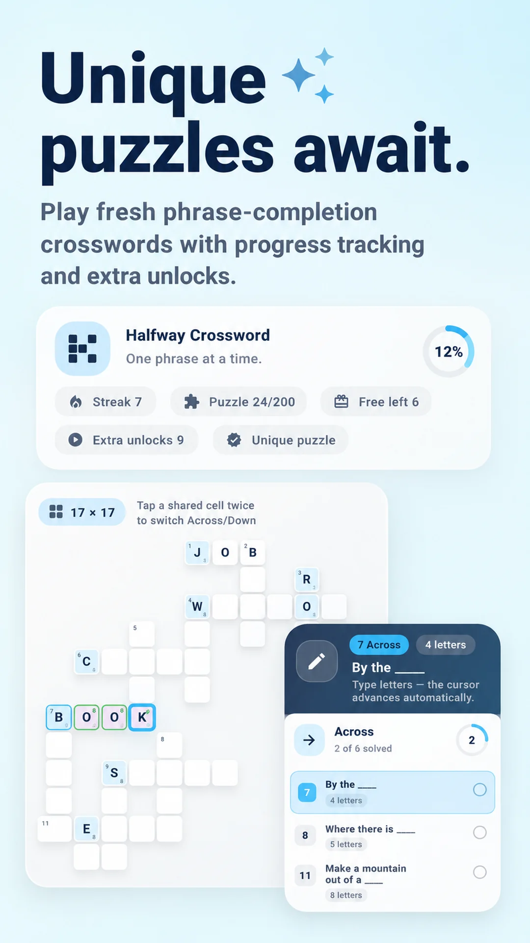 Halfway Crossword screenshot: Unique puzzles await