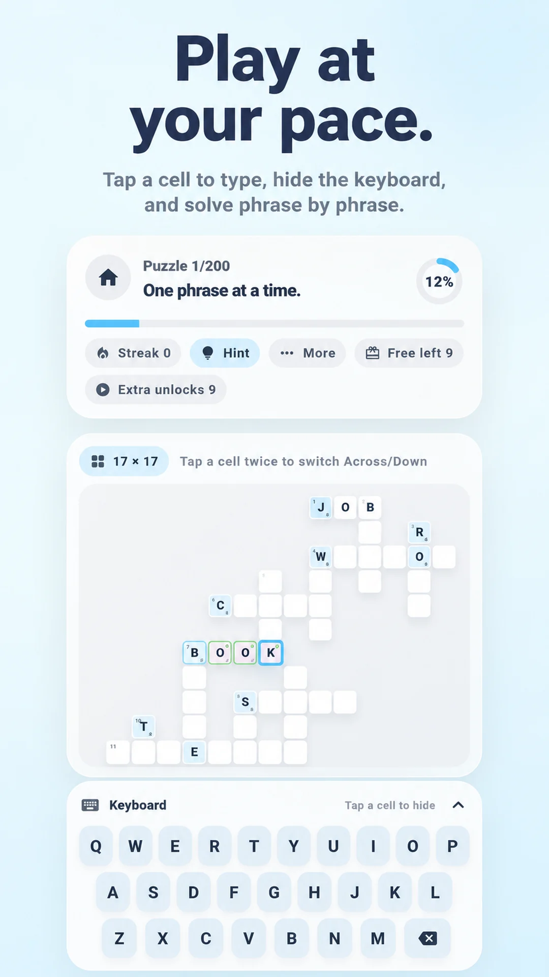 Halfway Crossword screenshot: Play at your pace