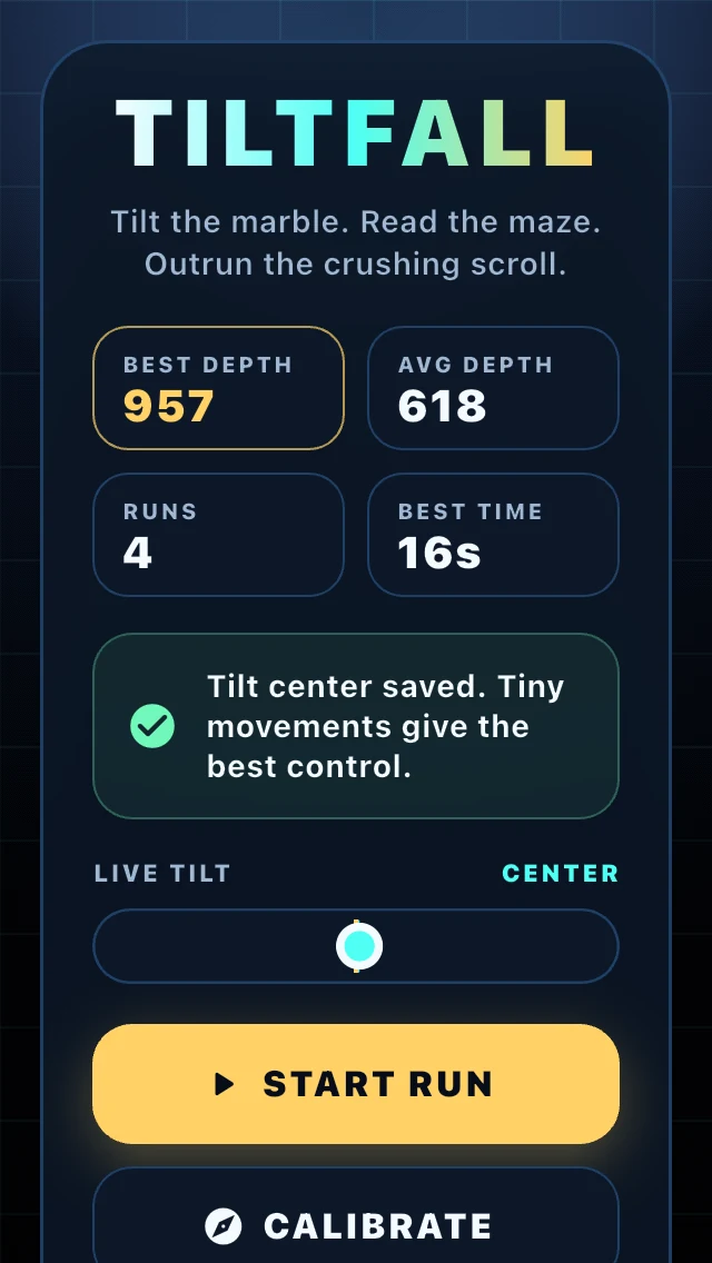 Tiltfall screenshot: ready to start a run
