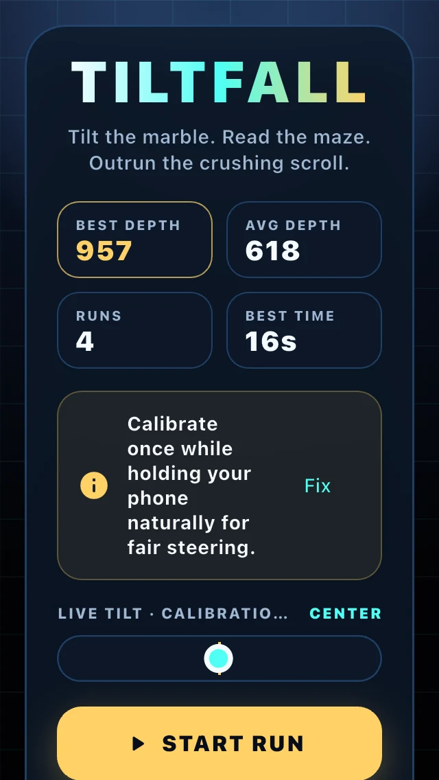 Tiltfall screenshot: calibrate steering