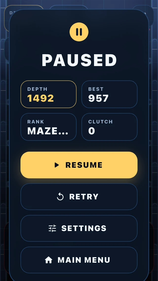 Tiltfall screenshot: paused run controls